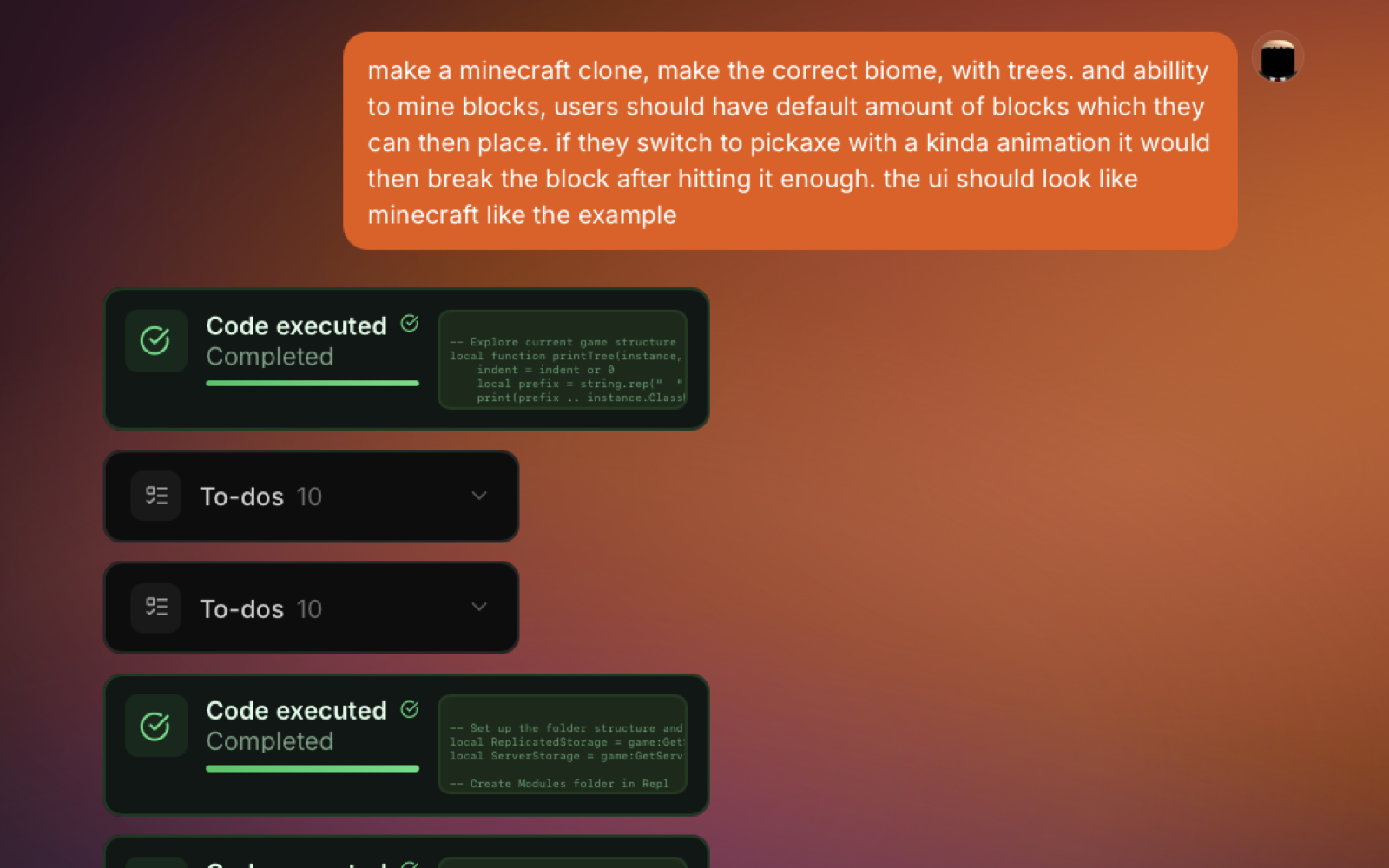 Rebirth building a Roblox game from a chat prompt